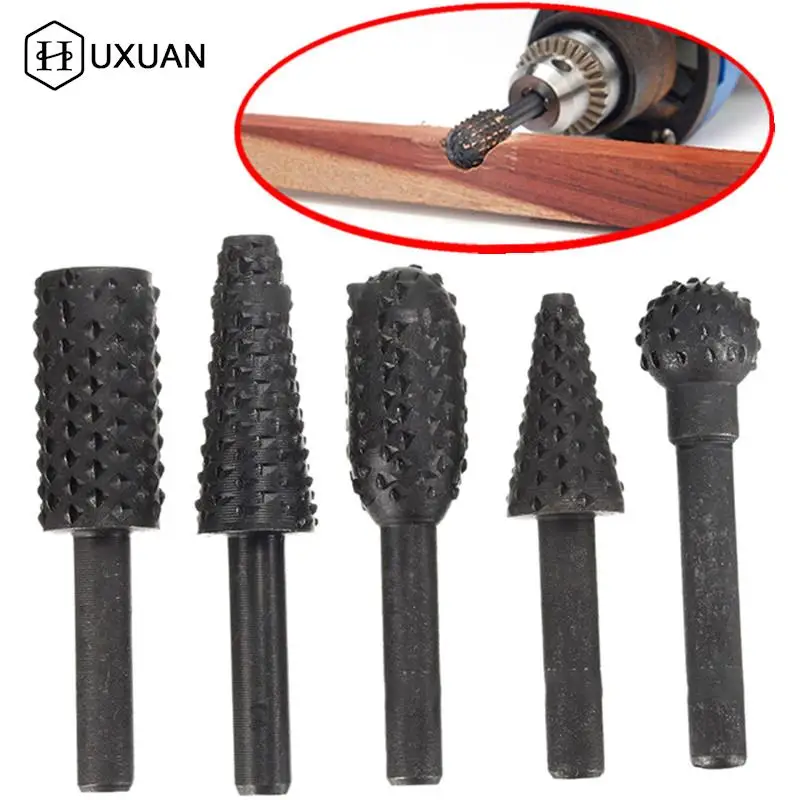 5pc/6pcs Rasp File Drill Bits Rasp Set Drill Grinder Drill Rasp For Woodworking Carving Tool 1/4" Round Shank Rotary Burr Set
