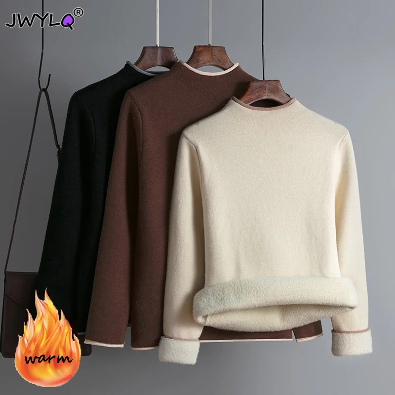 

New Winter Fleece Thickening Sweaters Women Slim Warm Lined Knitted Tops One Size Plus Velvet Pullovers Casual Knitwear Jumpers