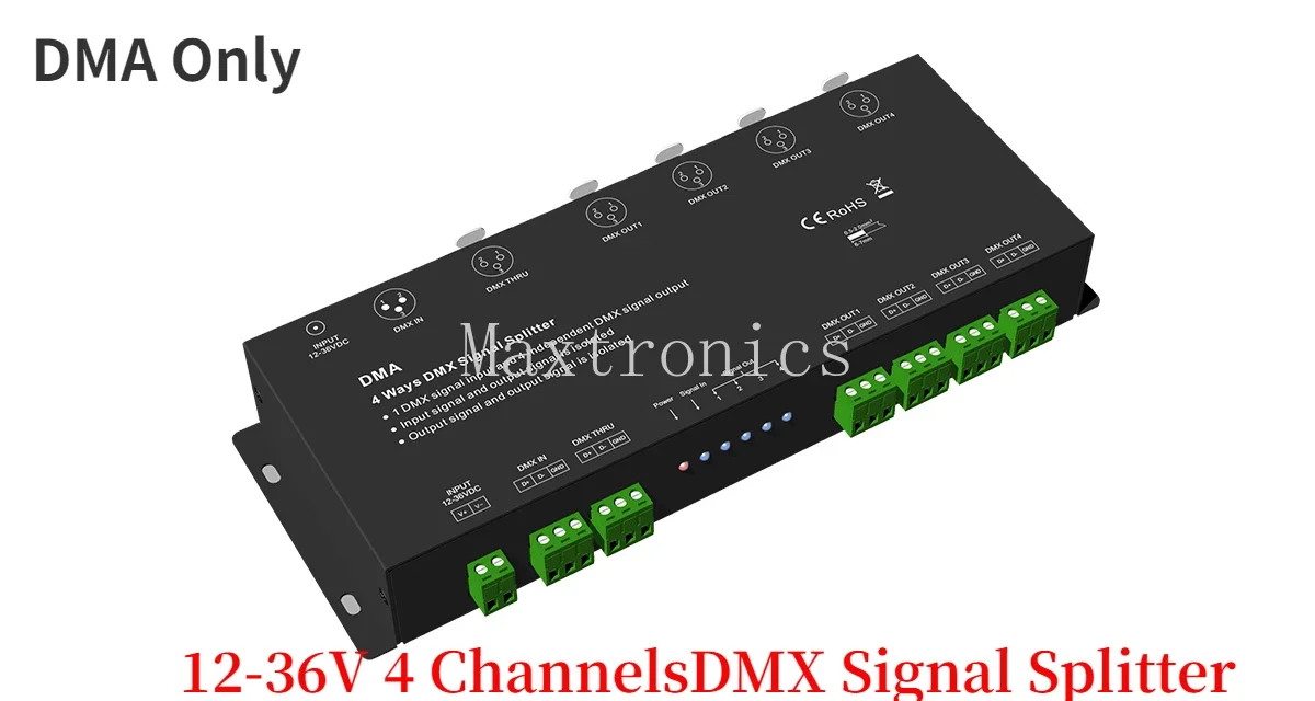 Фото Усилитель сигнала DMX512 Повторитель сигнала DMA 4-канальный DA-L 2-канальный DMA2X3 6-полосный разветвитель сигнала DMX DC12-36V для светодиодной ленты №5