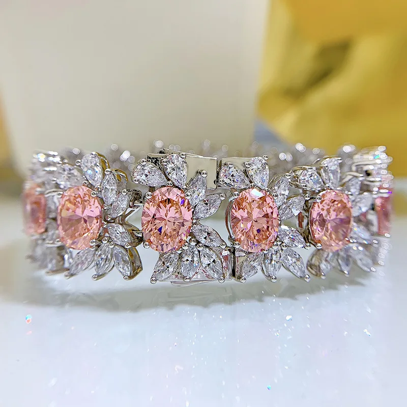 

2023 New Luxury Pink Lab Diamond Bracelet for Women 925 Silver Sparkling Charm Bracelet Bangle Trendy Fine Jewelry