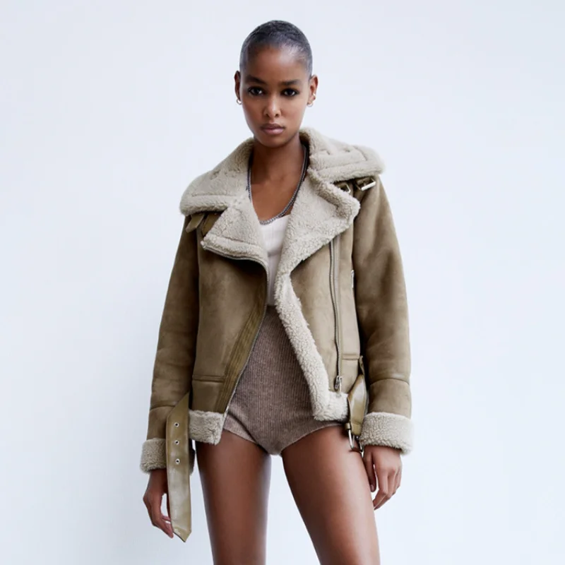 

New Winter Women's Double-sided Fur Suede Motorcycle Jacket Women