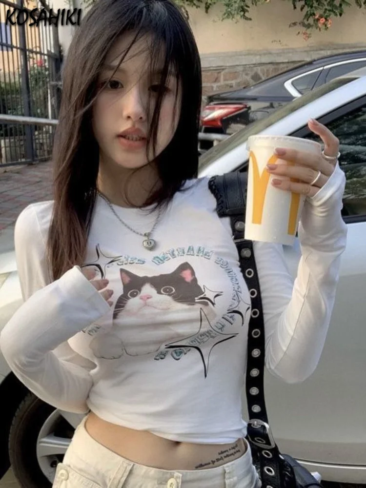 

Женская футболка с принтом в виде кошки, с длинным рукавом