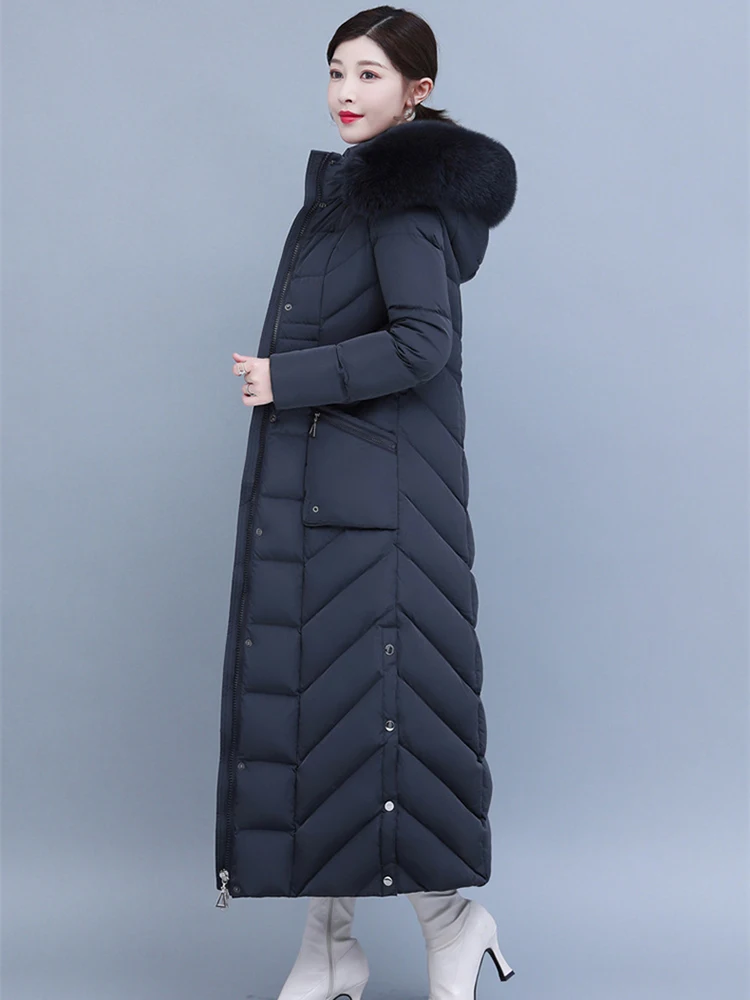 New Mother Down Coat Women Winter Fashion Detachable Hooded Real Fox Fur Collar Thicken Warm Slim Lengthened Down Jacket Female
