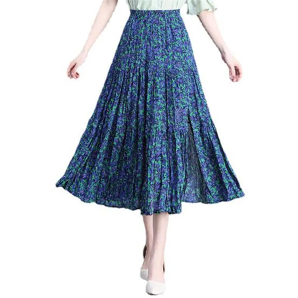 

Women Skirts Summer 2022 Vintage Boho Floral Maxi Skirt Ladies Retro High Waist Side Slit Casual Pleated Skirts For Women
