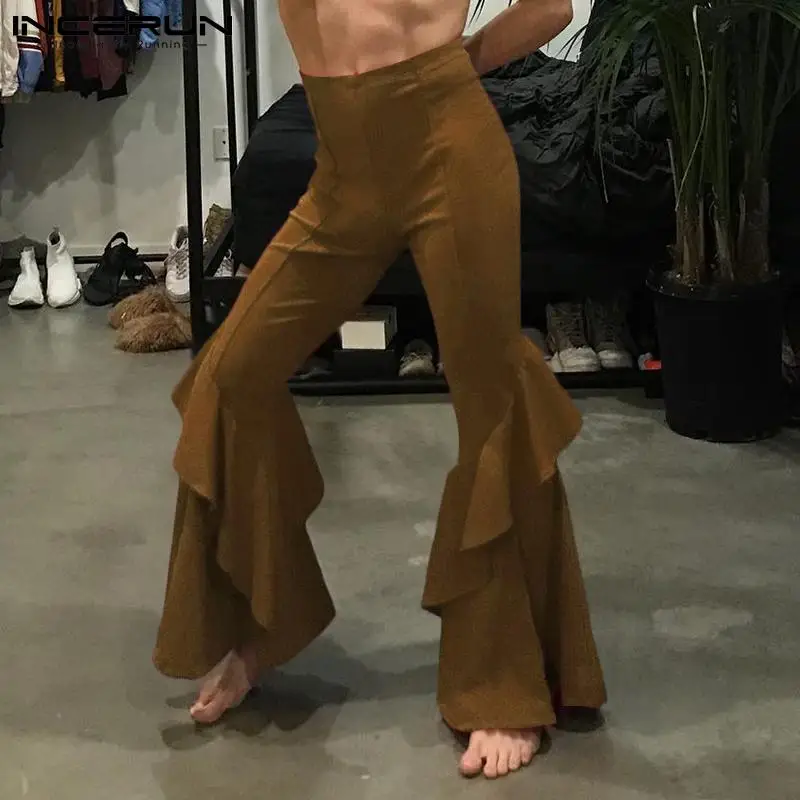 

INCERUN 2022 Fashion Men Pants Streetwear Solid Color Elastic Waist Casual Bell-Bottom Pants Ruffle Flared Trousers Men S-5XL