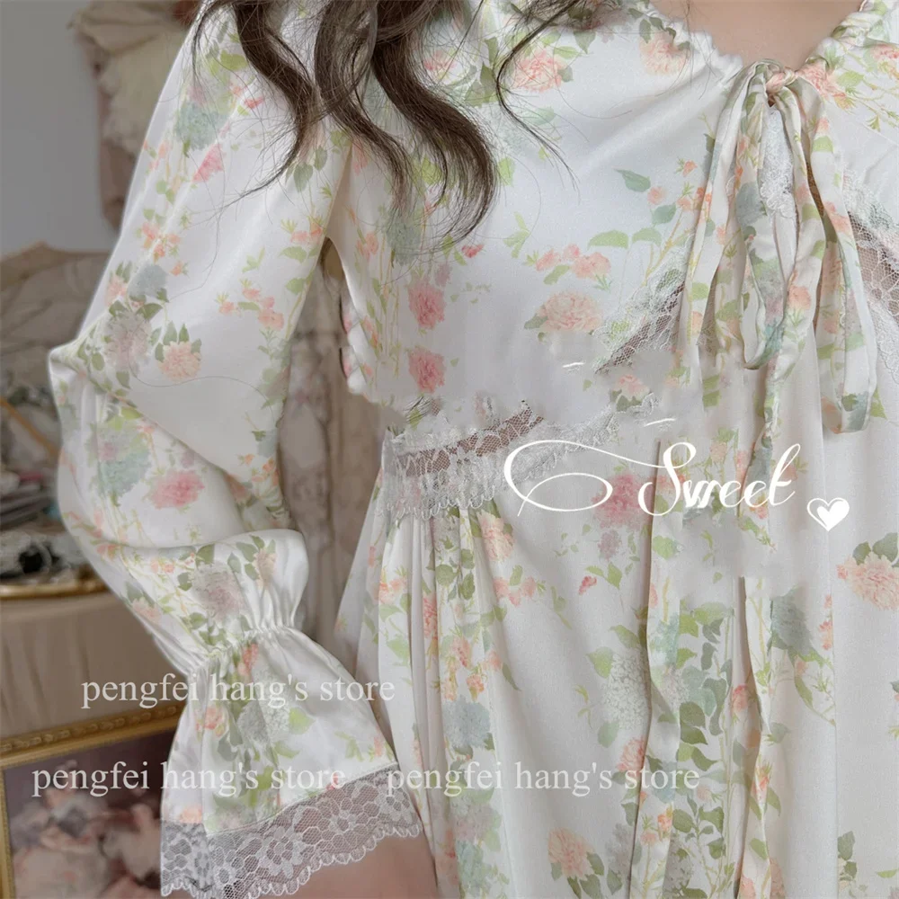 Drukuj kwiat bielizna nocna lodowy jedwab koszula w stylu francuskim Lady elegancki domowy szlafrok z długim rękawem Loungewear