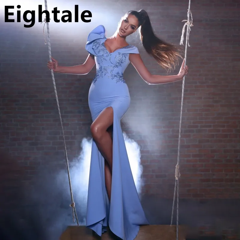 

Eightale Light Blue Mermaid Evening Dress Side Slit Dubai Celebrity Party Gown Arabia Appliques Lace Satin Prom Graduation Dress