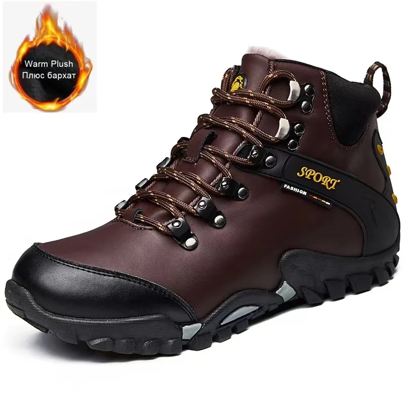 HIKEUP Men Tactical Military Snow Boots Genuine Leather Winter Boots For Men Outdoor Shoe Padded Warmth High-Top Men Hiking Boot