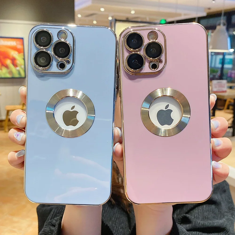 

For iphone 13 14 Pro Max Case Luxury Plating Charm LOGO Hole Hollow Silicone Cover For iphone 14 Plus 13 12 11 Pro Max Cases