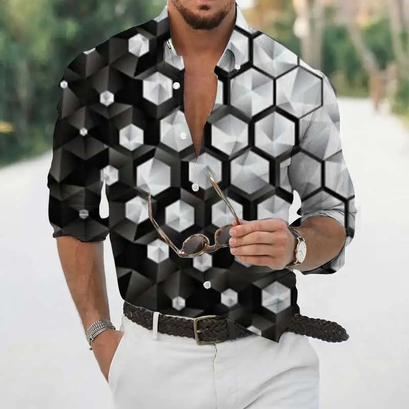 Spring and Autumn New Shirts Geometric Print Men's Long Sleeve Slim Casual Dress Shirts Retro Loose Button Clothes