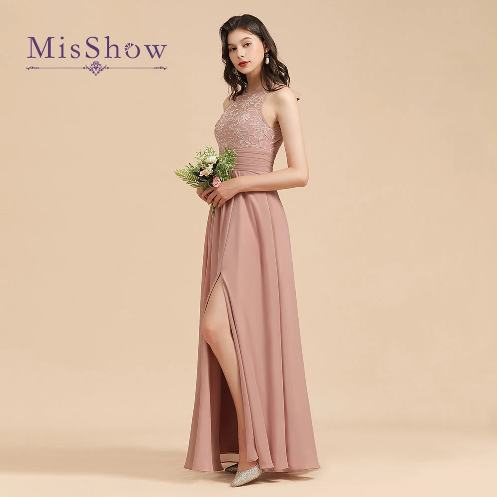 MisShow Custom Lace Bridesmaid Dresses Long Dusty Rose ChiffonSexy Slit Backless Wedding Party Robe Women Prom Evening Gowns
