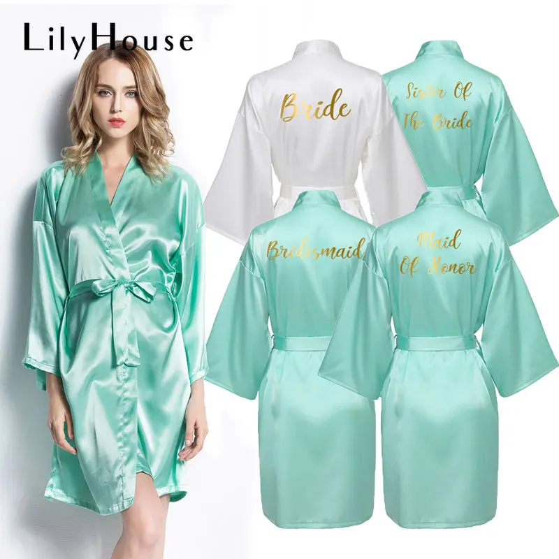 

Bridesmaid Robes Satin Silk Bride Robe Wedding Party Bride Dressing Gown Bridal Bathrobe Slippers Gold Print Mint