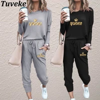 tuveke womens suit queen letter print sleeve design sports suit solid color casual versatile loose commuter womens suit
