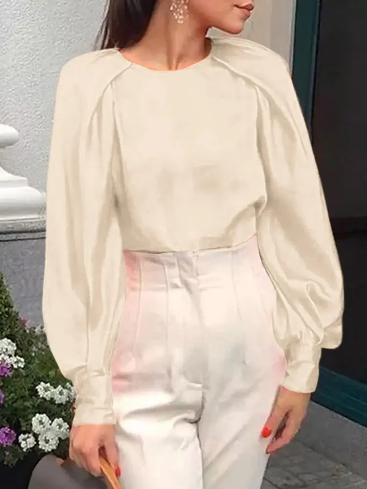 

Рубашка ZANZEA Женская с длинным рукавом, элегантная деловая мешковатая блузка с круглым вырезом, пуловеры, атласная блузка, офисная одежда для работы, весна-лето