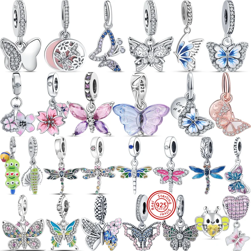 

925 Silver Colorful Zircon Butterfly Dragonfly Bee Caterpillar Shiny Fine Beads Fit Original Pandora Charms Bracelet DIY Jewelry