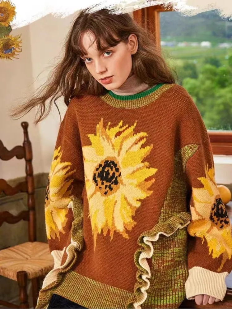 

Hikigawa Floral Contrast Color Women Sweaters O Neck Long Sleeve Ruffled Patchwork Pullovers Sweet Loose Grunge Jumpers