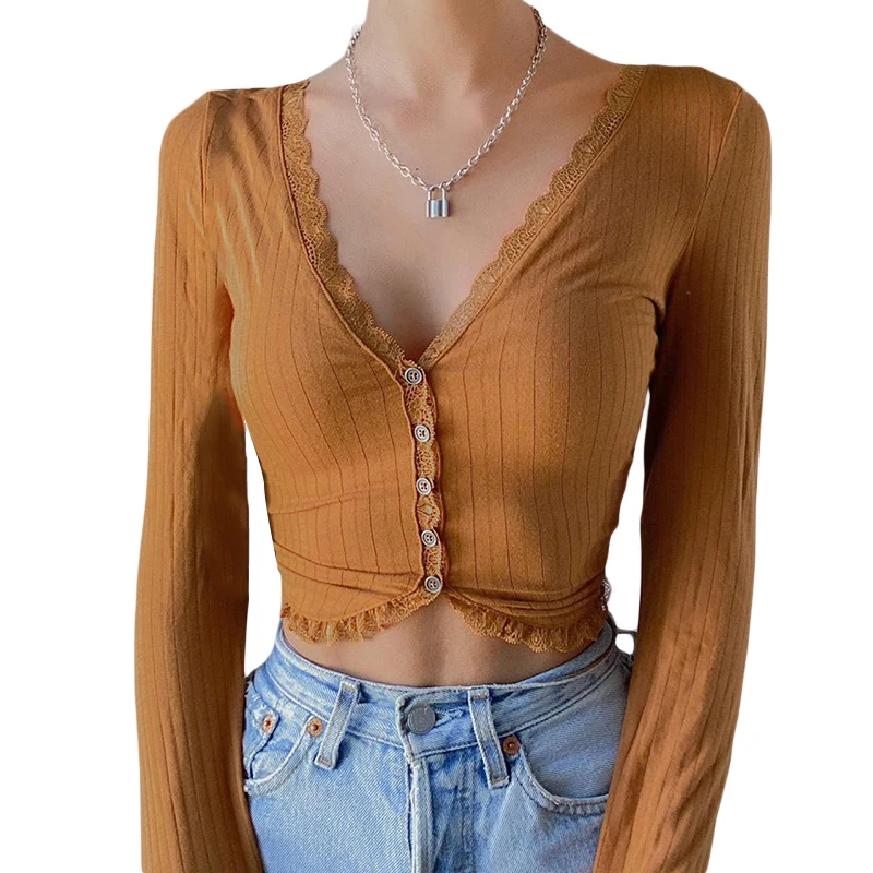 

Women’s Casual Long Sleeve Cropped T-shirt Fashion Solid Color V-neck Flounce Cardigan Tops Casual Clothing