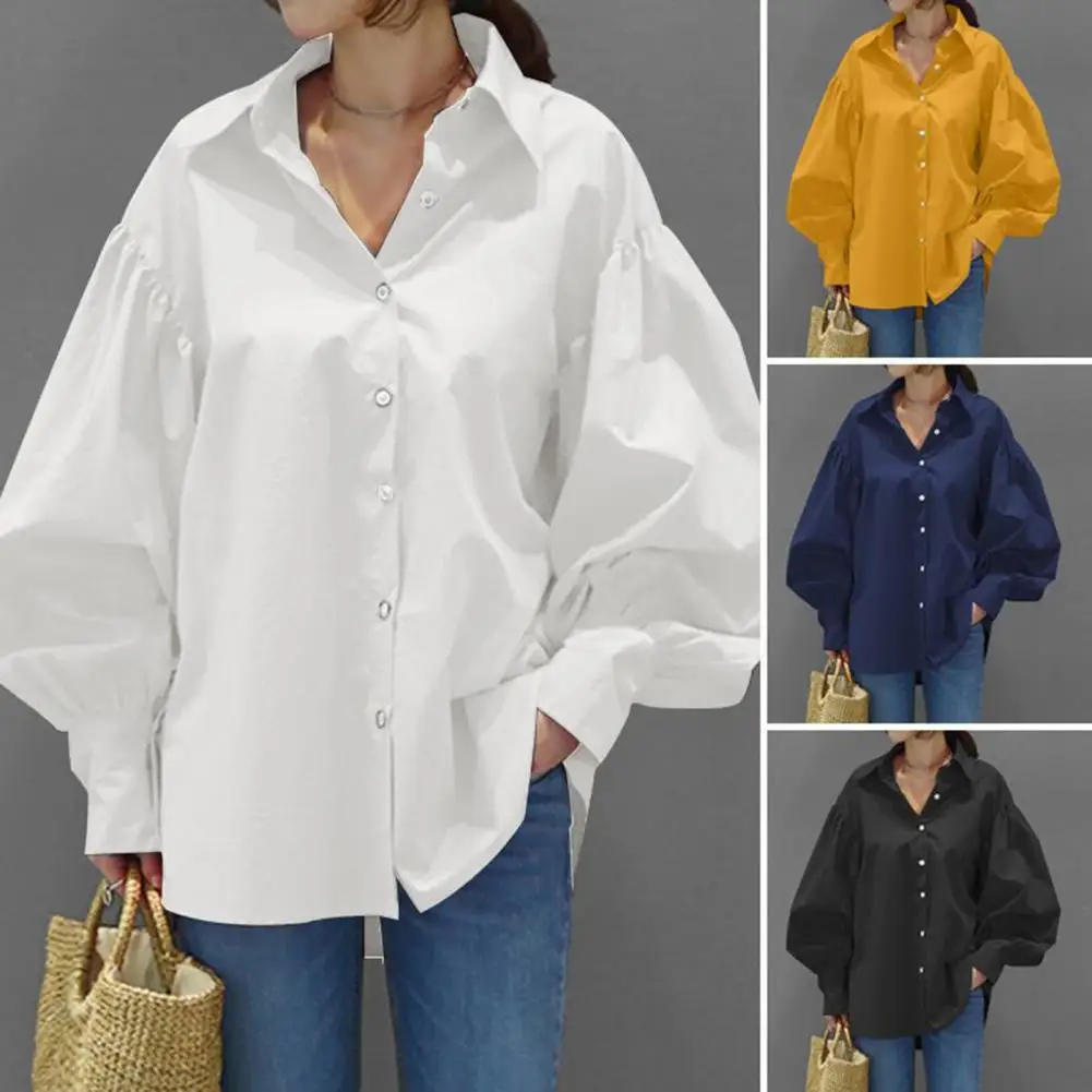 

Turn-down Collar Single Breasted Anti-pilling Women Shirt Lantern Sleeve Fashion Shirt Blouse Female Fashion Office Ladies