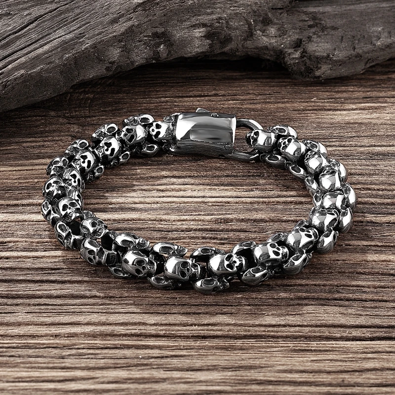 

MKENDN Viking Skull Chain Beaded Bracelets Dainty Skull Wristband Bracelet Punk Gothic Biker Street Stainless Steel Cool Jewelry
