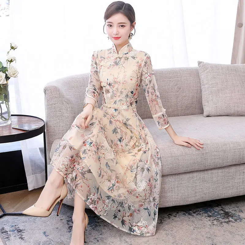 

Chinese Style Modified Cheongsam Dress For Women's Spring And Autumn Vintage Temperament Mid Sleeve Elegant Dress Qipao T1879