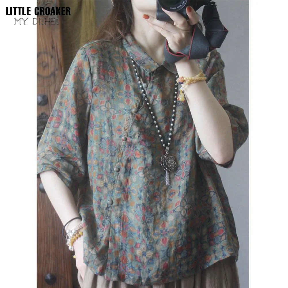 

Summer New Western Style Reduced Age Printed Button Shirt for Women's Retro Literary Temperament, Minority Cotton and Hemp Top