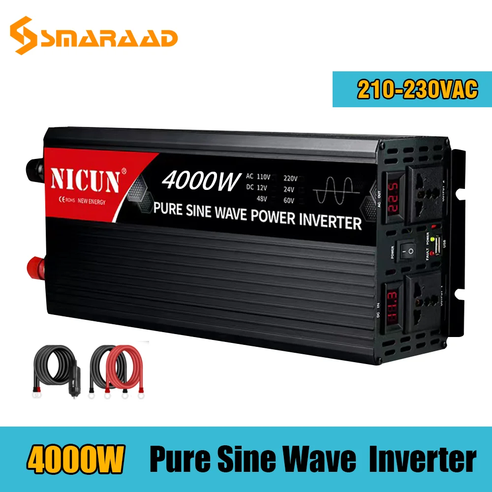 

4000W Pure Sine Wave Inverter DC 12V 24V To AC 110V 220V VoltageTransformer Power Converter Solar Car Inverte 60hz generator