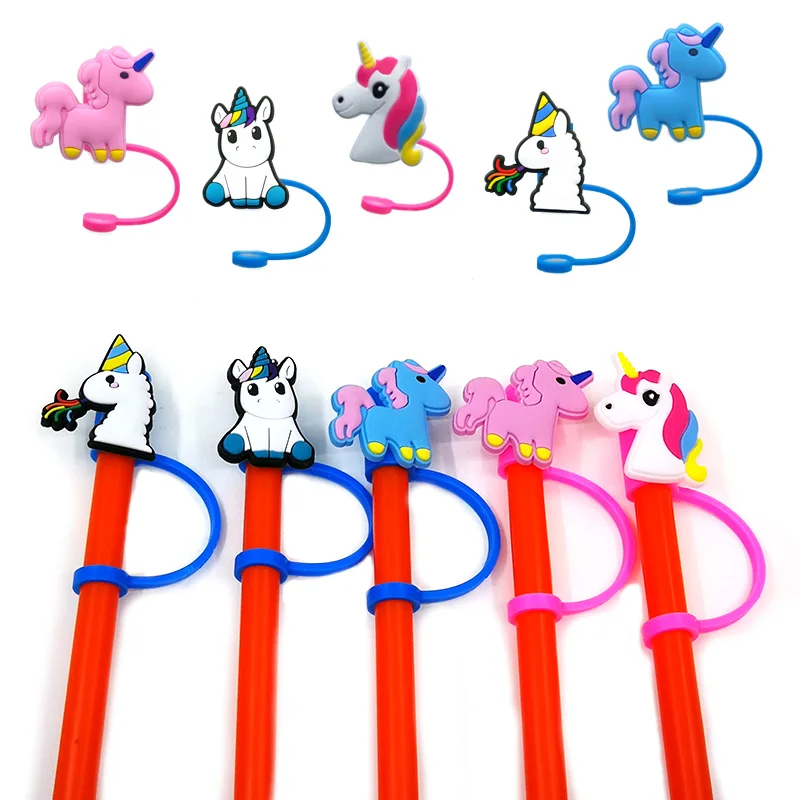 1PCS PVC Straw Charms Cute Cartoon Unicorn Pattern Cover Reusable Splash Proof Drinking Fit Glass Cup Decoration Present - купить по