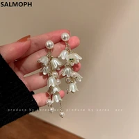 south korea tassel pearl bell orchids drop earrings women restoring ancient ways design white flowers s925 needle earrings