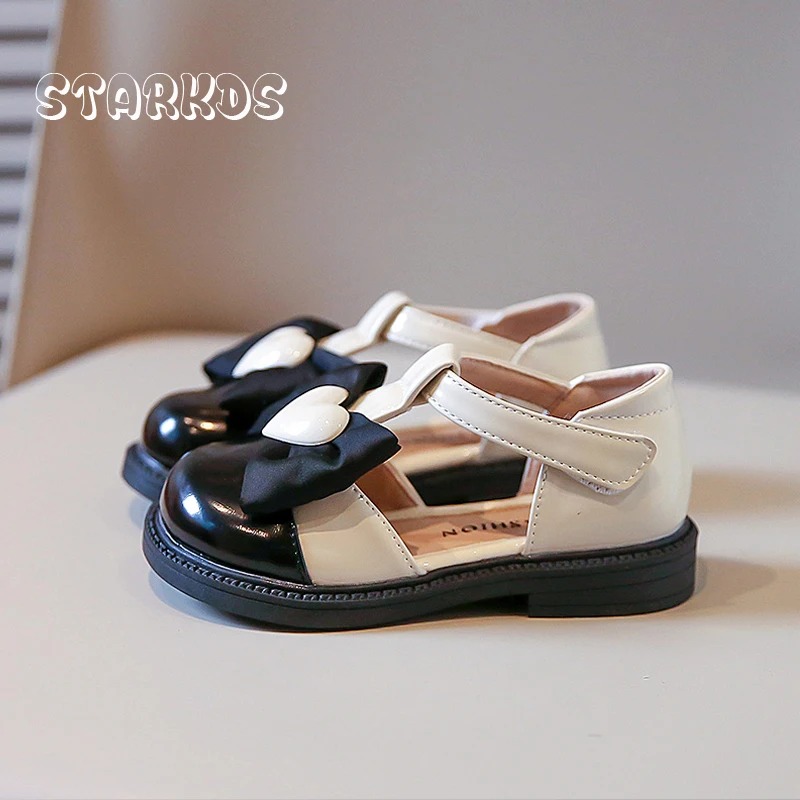 Classic Black White Design Princess Shoes Girl Summer Thick Sole Bowtie Sandals Children Heart Buckle T-Strap Mary Jane Zapatos enlarge