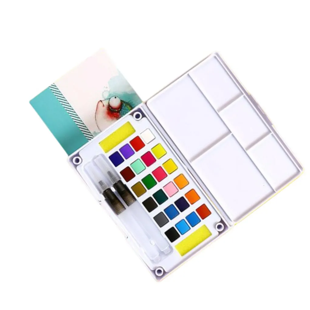 

24 Color Plastic Housing Solid Watercolor Children Students Painting Learning Replacement Paint Pigment with Pen