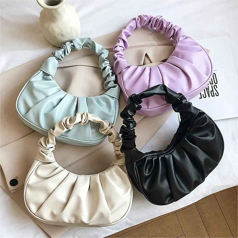 

Summer Pleated Handlebags For Women PU Cloud Bags Leisure Armpit Bag Shopping Shoulder Bags Dumpling Handbag Female