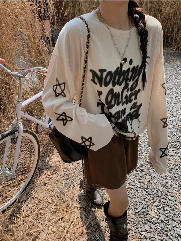 

HOUZHOU Kpop White Star Long Sleeve Tee Women Y2K Vintage 90s Khaki Graphic Tshirts Harajuku Korean Streetwear Oversized Tops