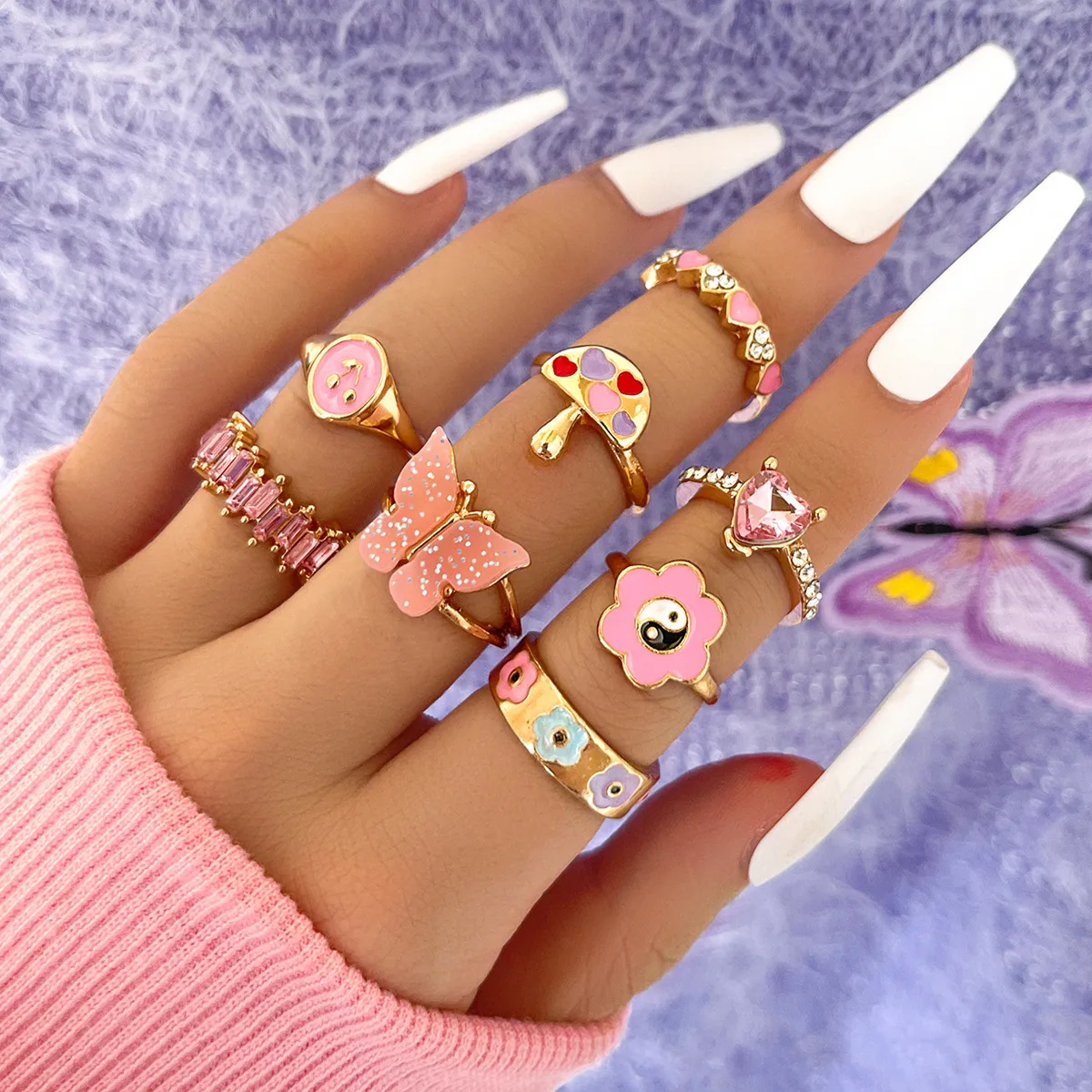 

New In Ring Set of 8 Wedding Rings Peach Heart Ring Small Flower Mushroom Love Oil Drop Rings For Women Metal Rings Party Zyz