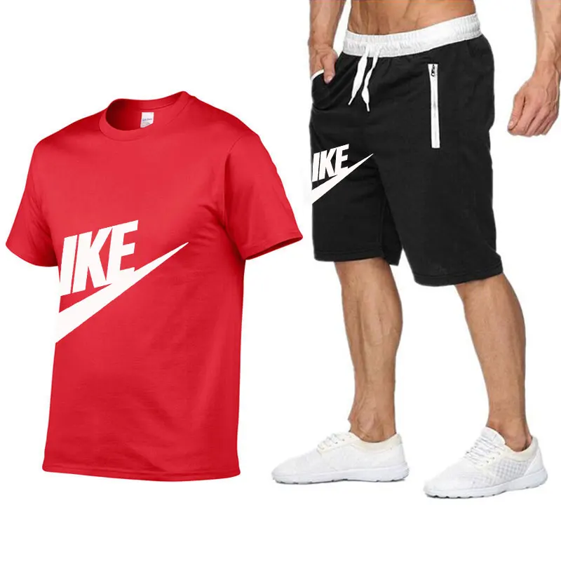 Men's Summer Two Piece Short Sleeve T-shirt Sportswear Tracksuit+Zipper Shorts Summer Breathable Casual Quick Dry Jogging Pants