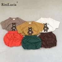 rinilucia 2022 summer baby suit cute bear print tees and solid bloomers shorts 2pcs korean infant set cotton toddler clothes