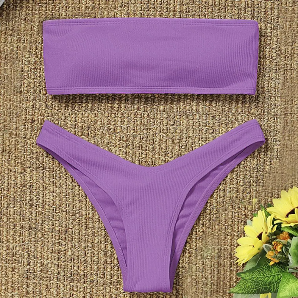 

Stylish Bathing Suit Push Up Lacing Beachwear Bandeau Solid Color Two Pieces Bikini Set