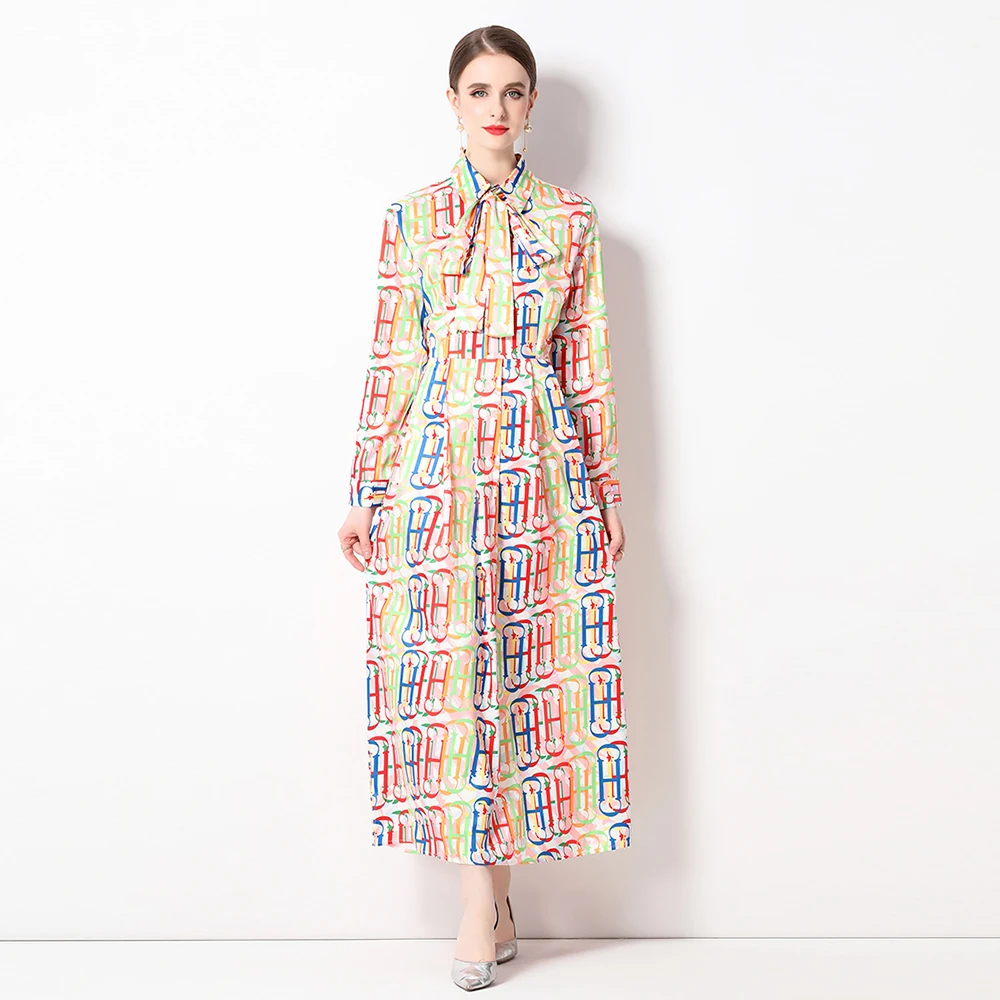 

Autumn Runway Long Maxi Dress Women's Turn Down Neck Long Sleeve Letter Print Single Breasted Lace Up Belt Party VestidosA3949