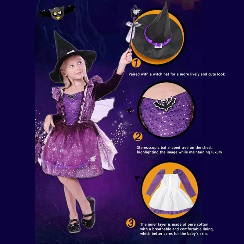 Костюм Хэллоуин для девочек платье ведьмы одежда малышей детский костюм косплея
