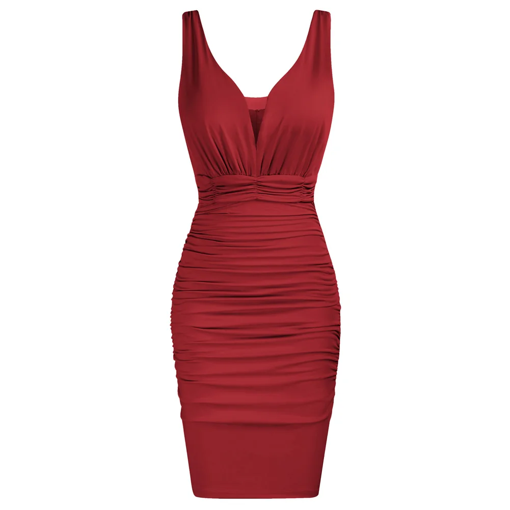 

Women Ruched Bodycon Dress Sleeveless V-Neck U-Back Mid-Thigh Party Dresses Evening Cocktail Wedding Short Sheath Dress Summer