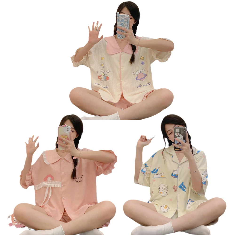 

Sanrios My Melody Cinnamoroll Women's Style Pajamas Suit Kawaii Girl Short Sleeve Lapel Collar Cardigan Nightgown Leisure Wear