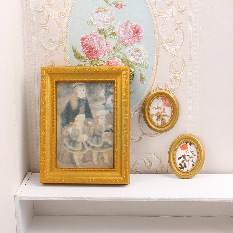 1/2Pcs 1:12 Mini Dollhouse Miniature Photo Frame Antique Oval Square Frame Oil Painting DIY Doll House Scene Decor Accessories