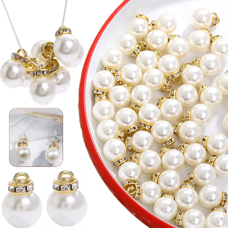 20Pcs Inlaid Rhinestone Imitation Pearl Beads Charms Pendants Faux Pearl Beads Charms for DIY Craft Jewelry Make 8/10/12/14/16mm