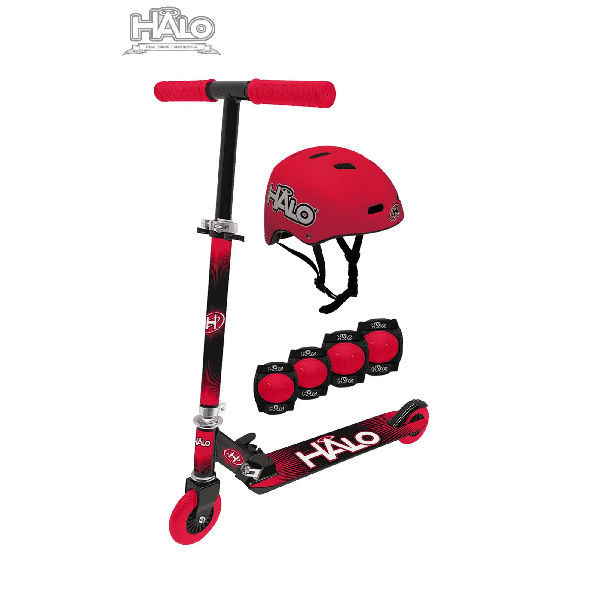 Rise Above 6 piece Scooter Combo - Red - Including 1 Premium Inline Scooter, 1 Size Adjustable Multi-Sport Helmet, 2 Elbow Pads,