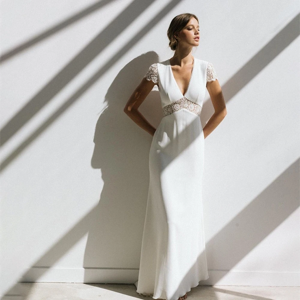

UETEEY Vintage Wedding Dresses Short Sleeve Lace Applique Civil Cheap Jersey Bride Gown Sweep Train 2022 Vestido De Novia