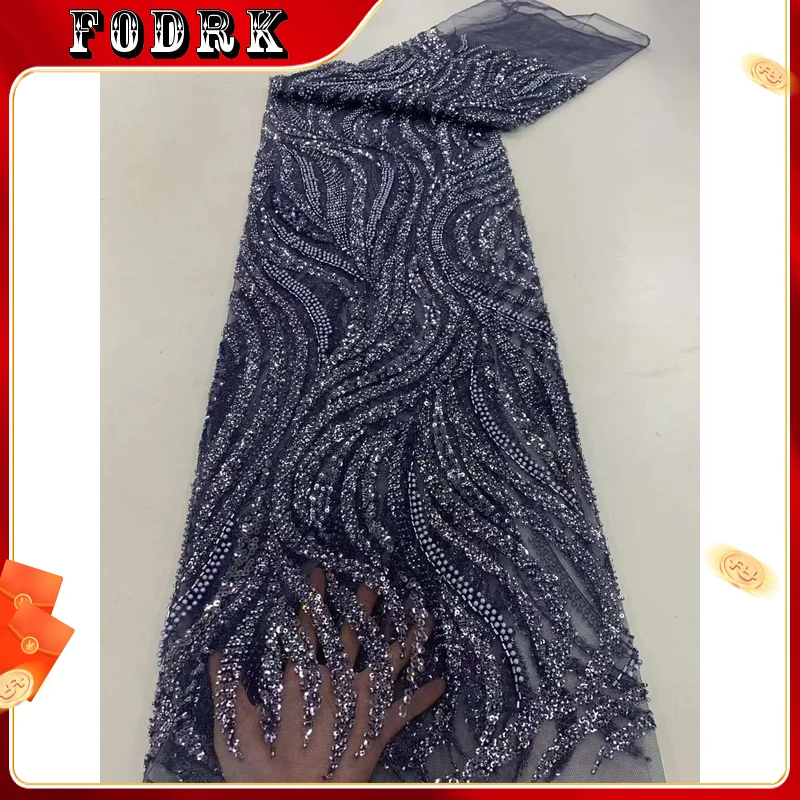 

Luxury Black African Lace Fabric Heavy Bead 3d Tulle Lace Fabric Sequences Embroidered French 5yard Dresses For Women Zx90