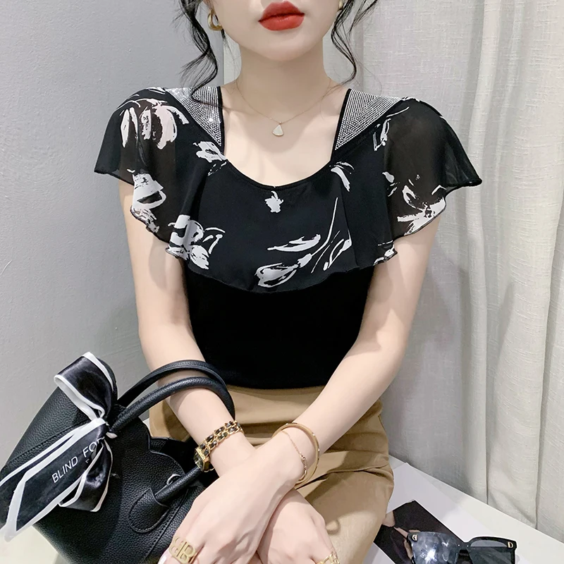 

Women T Shirt New 2023 Summer Short Sleeved Hot Drilling Ruffles Tops Elegant Slim Print Black Blusas