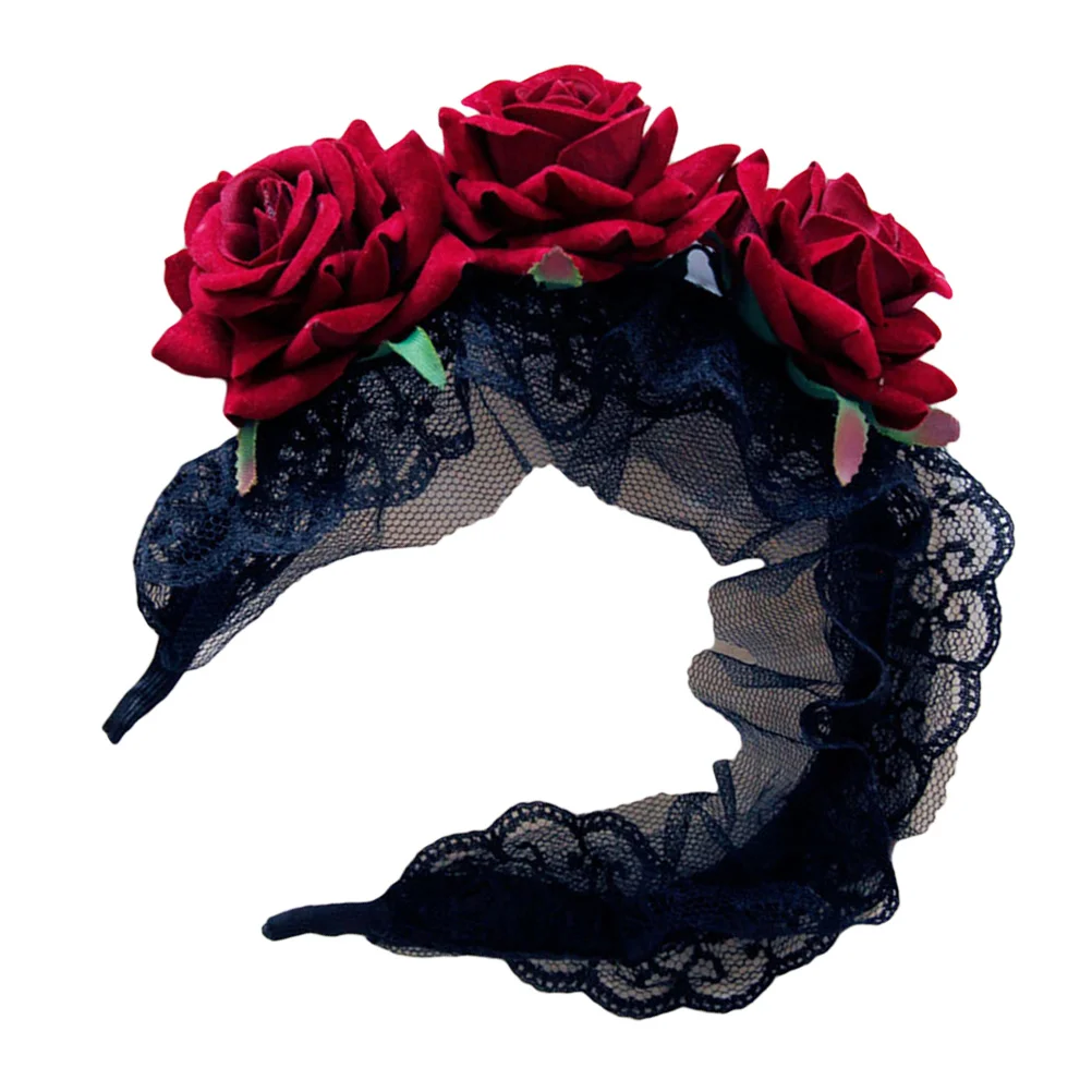 

Rose Flower Crown Headband Gothic Flower Garland Wedding Festival Headpiece Veil Hairband Costume Headwear Accessory for Lady