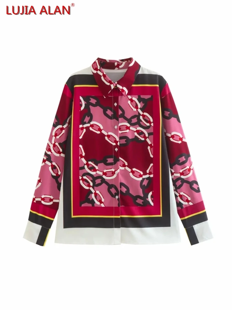 

New Women's Chain Placement Print Turndown Collar Long Sleeve Casual Loose Shirt LUJIA ALAN B832