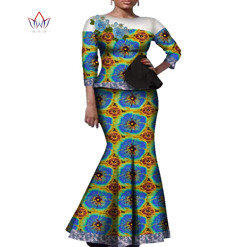 Африканский комплект из двух предметов для женщин модная Дашики с круглым вырезом вышитая африканская одежда базин Большие размеры женская одежда для фотографий WY7373