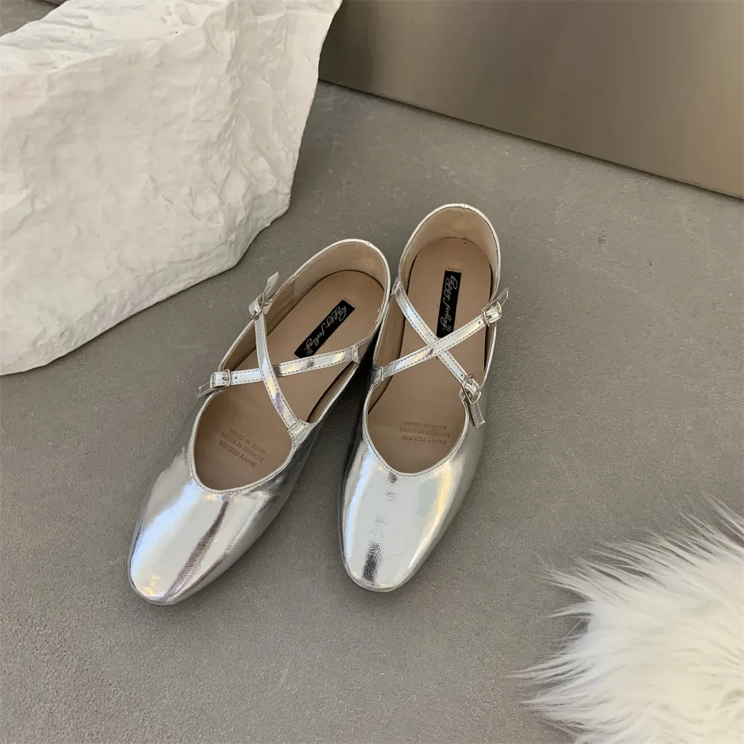 Korean Fashion Solid Narrow Band Flat Shoes Women Retro Silver Mary Jane Shoes Versatile French Ballet Shoes Shallow Women Shoes